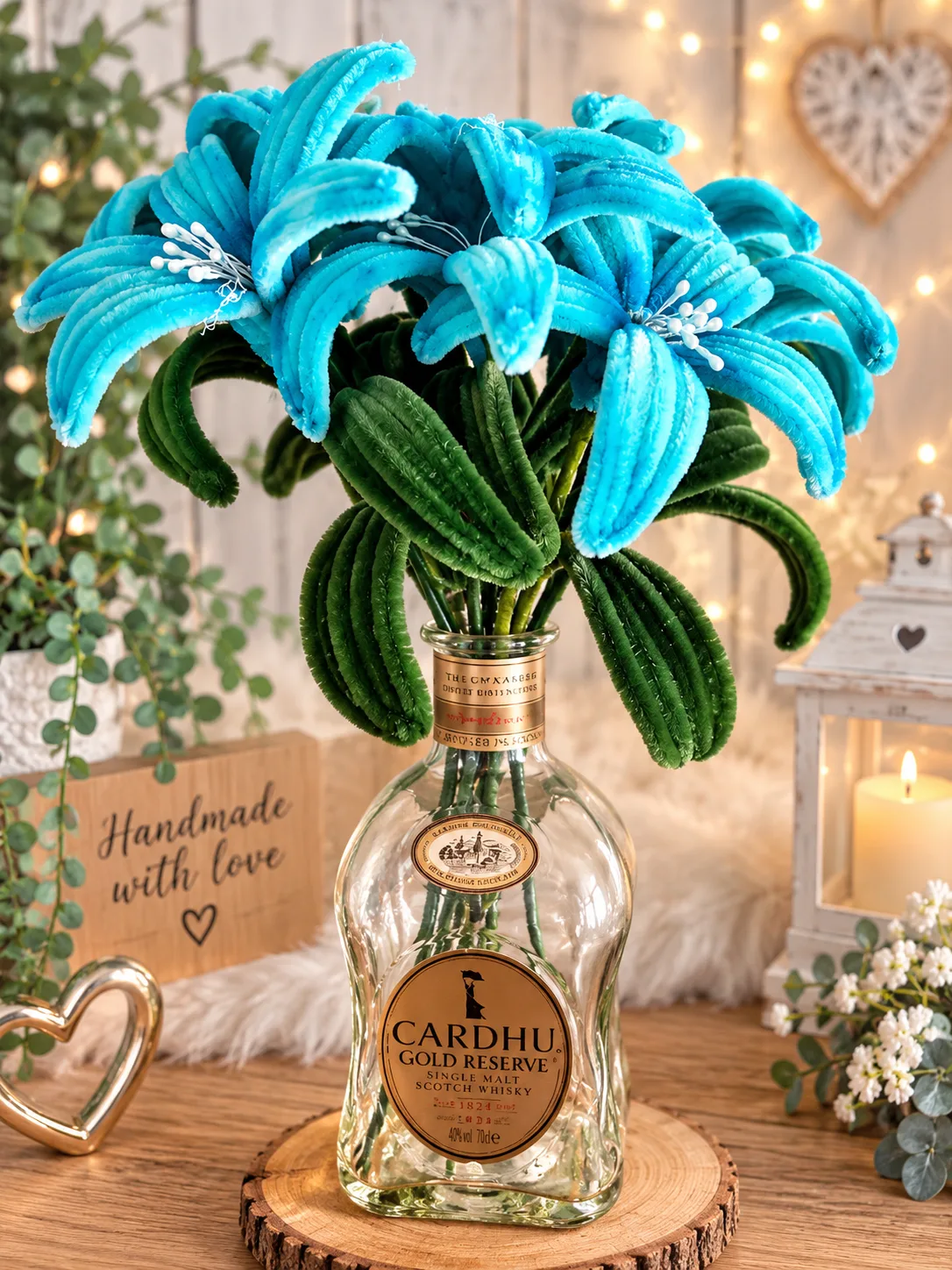 Blue Lilies in a whisky bottle