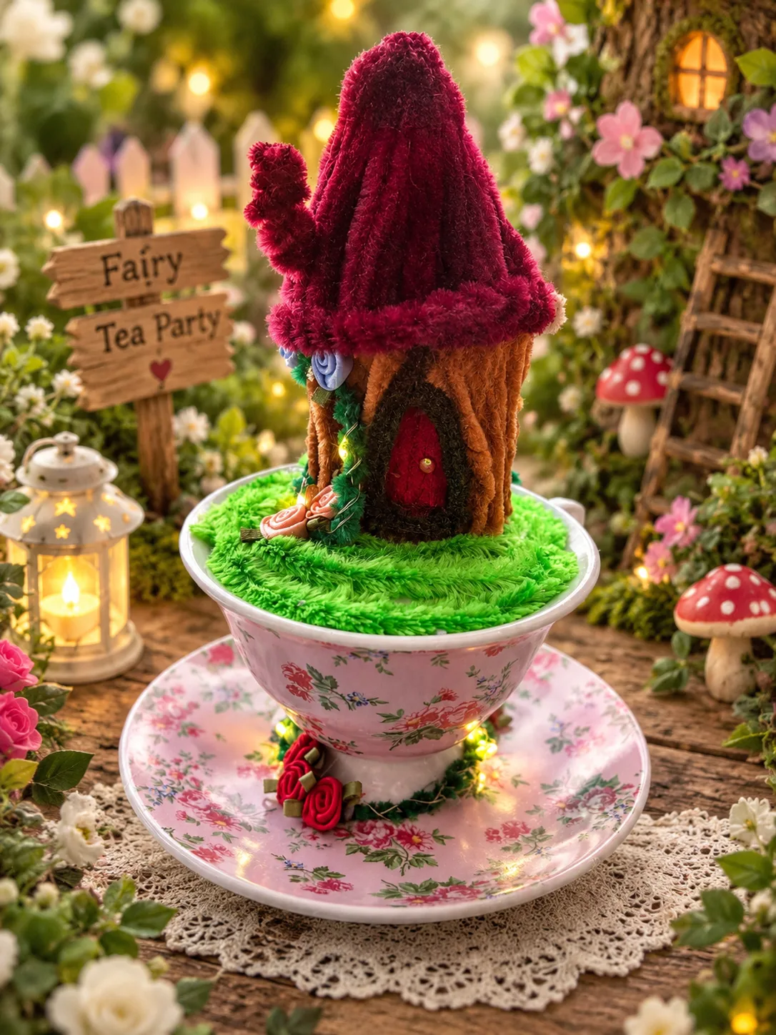 Miniature fairy house in a teacup